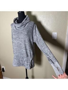 Athleisure Space Dye Knit Cowl Neck Pullover Thumbhole Sleeve Heather Gray Top